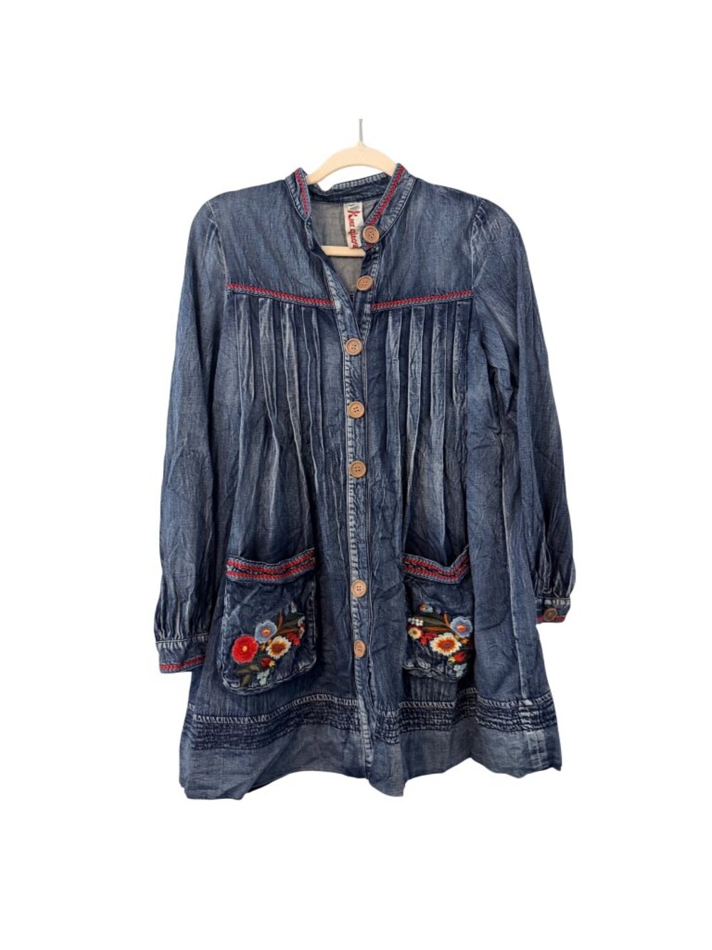 Keer Qibown Embroidered Denim Tunic Jacket Floral Pockets & Button Front Size S